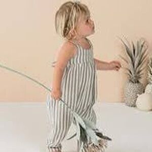 Rylee + Cru Gigi Romper Storm Stripe Blue Cream Cotton 3-6 months NWT